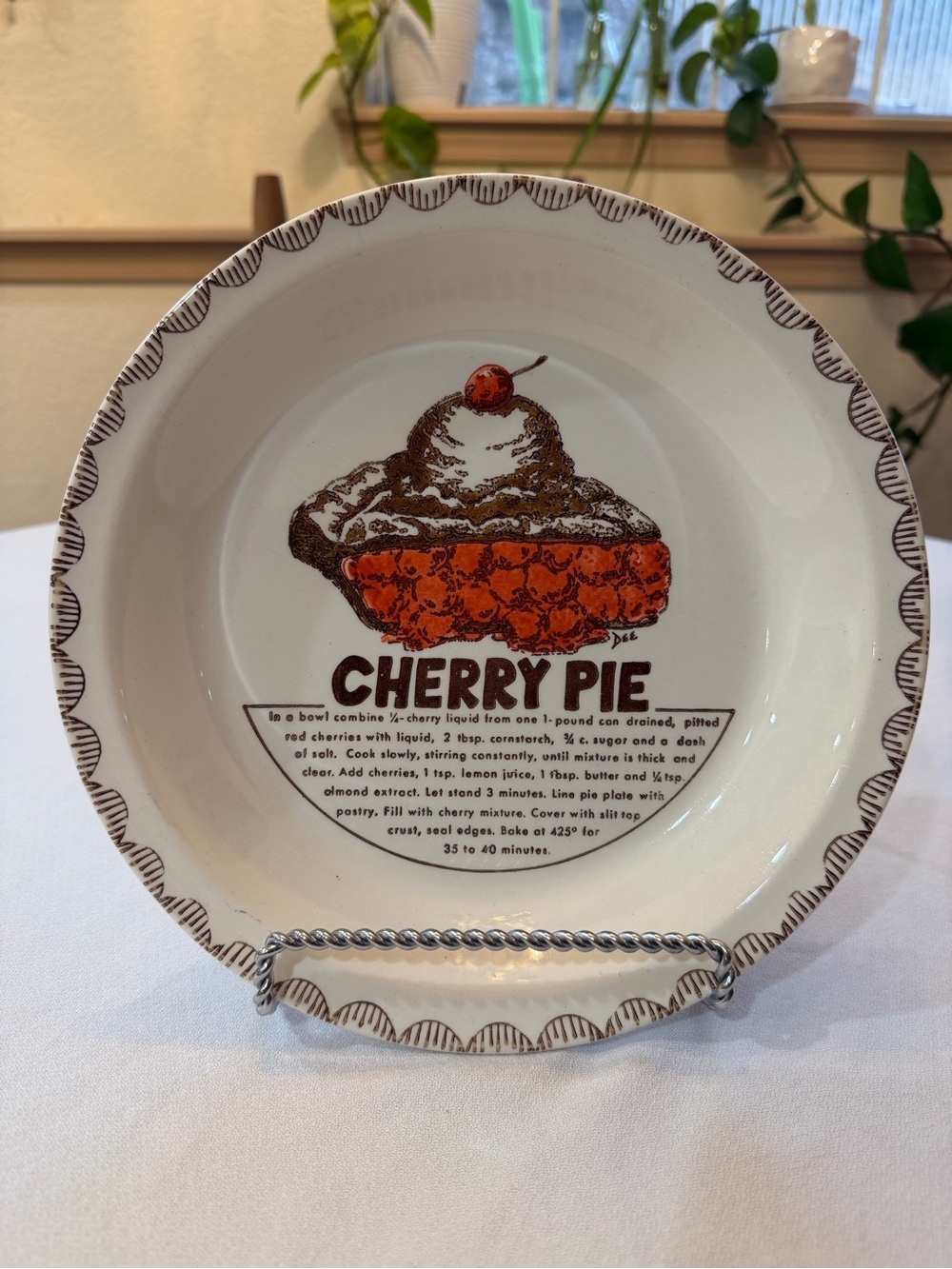VTG Cherry Pie Plate with Pie Illustration and Recipe